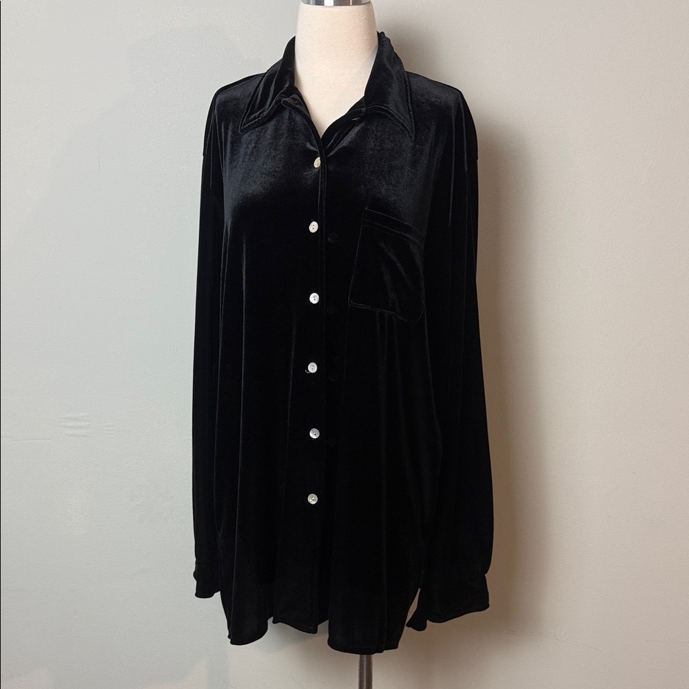 Denim&Co Black Velvet Button-Down Blouse ~ Large